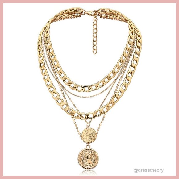 Jewelry - Layered Coin Pendant Necklace Set with Chunky Chain